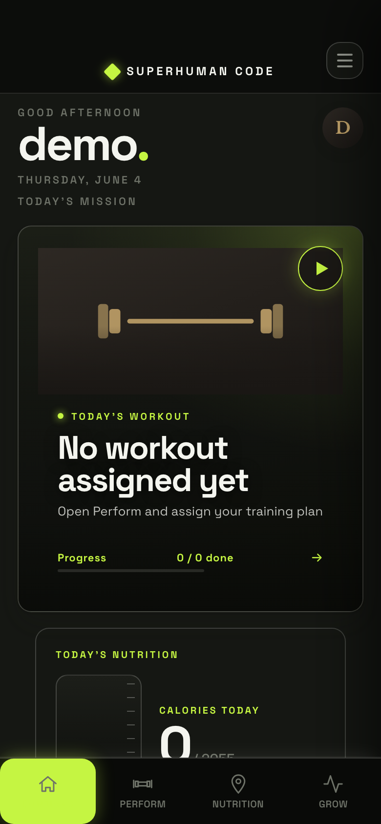Home dashboard in the app